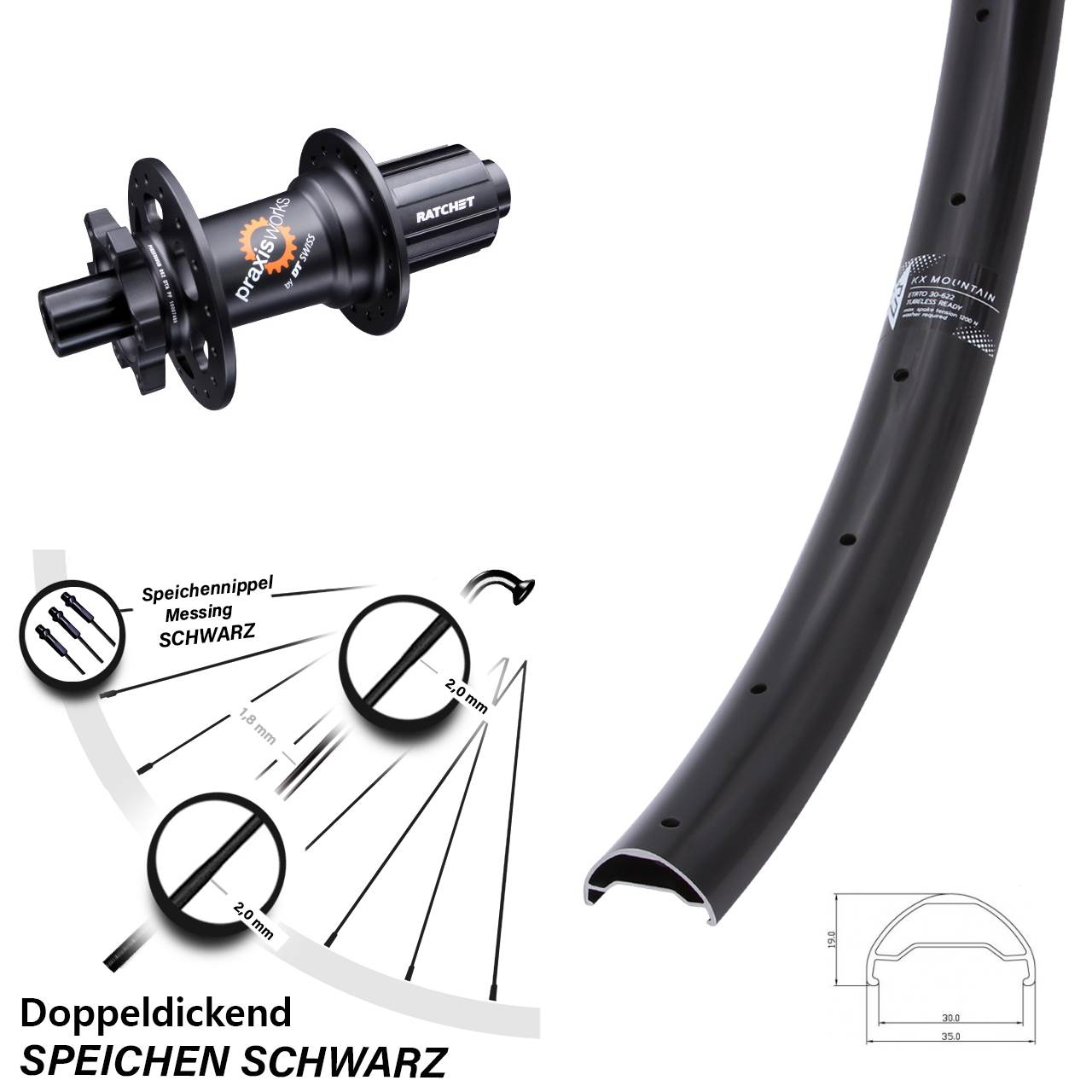 KX Mountain TR 30-622 Hinterrad 29 Zoll DT Swiss 350 SL Nabe 11-fach 12x142 mm