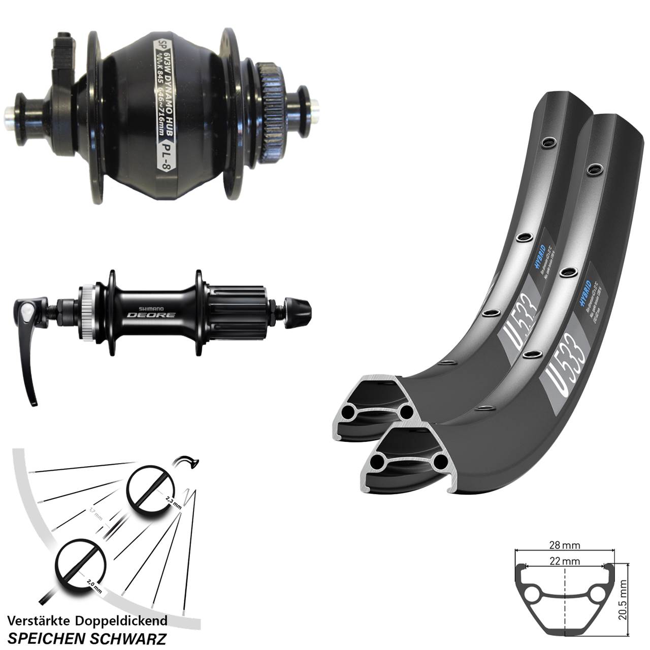Laufradsatz 26 Zoll DT Swiss U533 SP PL-8 Shimano Deore FH-M6000 8-11 fach HG QR