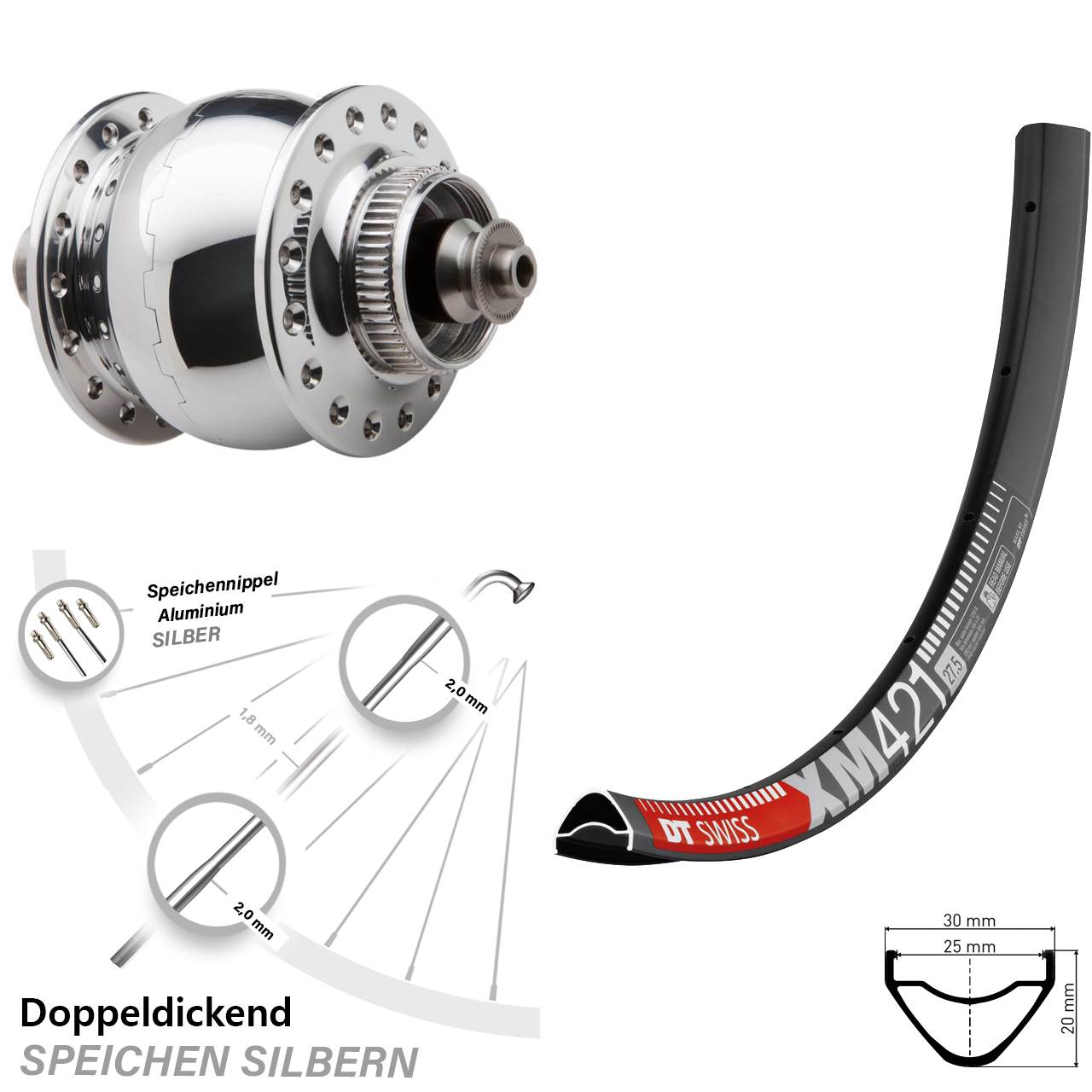 Vorderrad mit Nabendynamo SON delux DT Swiss XM 421 27,5 Zoll Centerlock