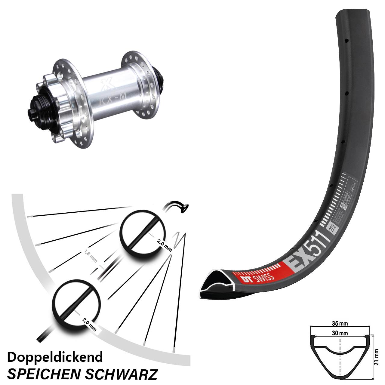 27,5 Zoll DT Swiss EX 511 Disc KX-M 6-Loch Vorderrad QR