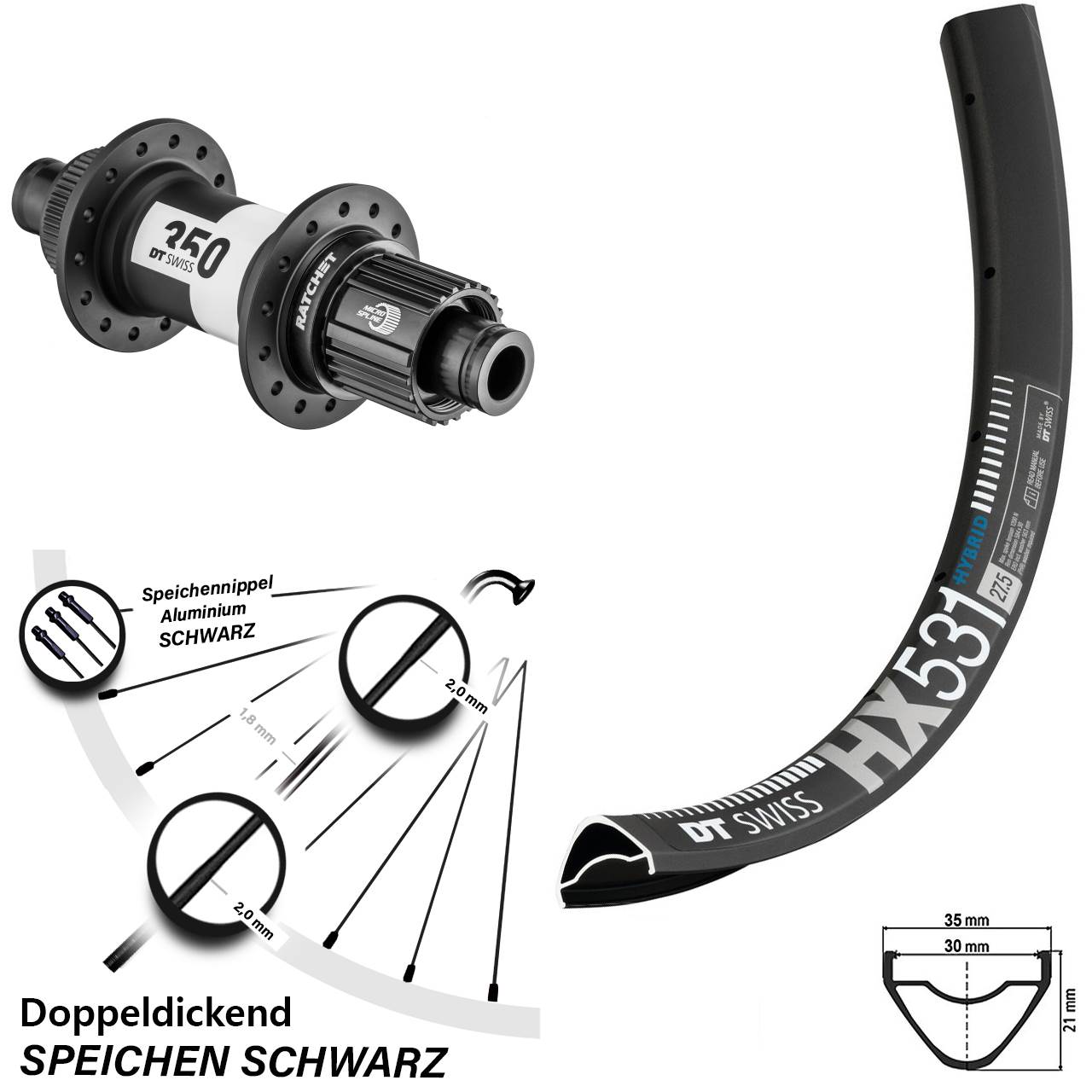 29 Zoll DT Swiss HX531-350 Hinterrad 12x142 Centerlock Micro Spline