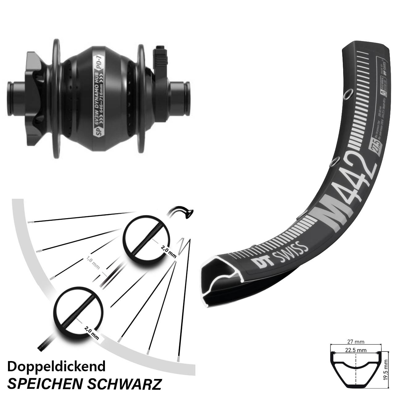 DT Swiss M 442 Shutter PD-7 28-29 Zoll Disc Vorderrad mit Nabendynamo 12x100