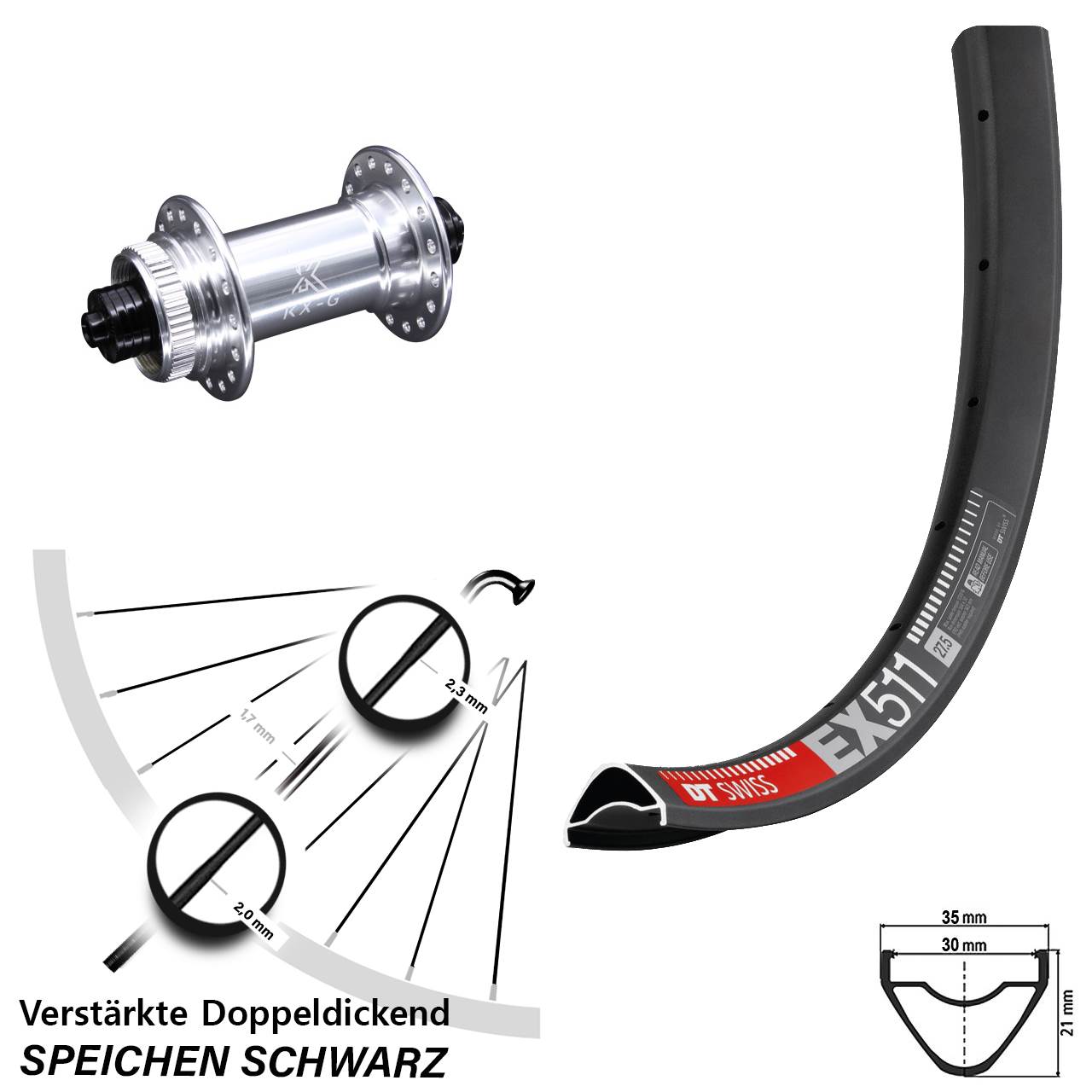 verstärktes 29 Zoll Vorderrad DT Swiss EX 511 mit KX-G Schnellspanner silbern