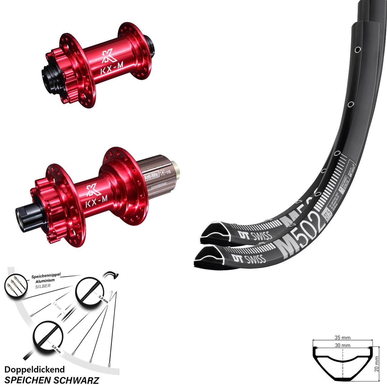 29 Zoll DT Swiss M502 KX-M rot Disc Laufradsatz 15x100 12x142 8-12 fach HG