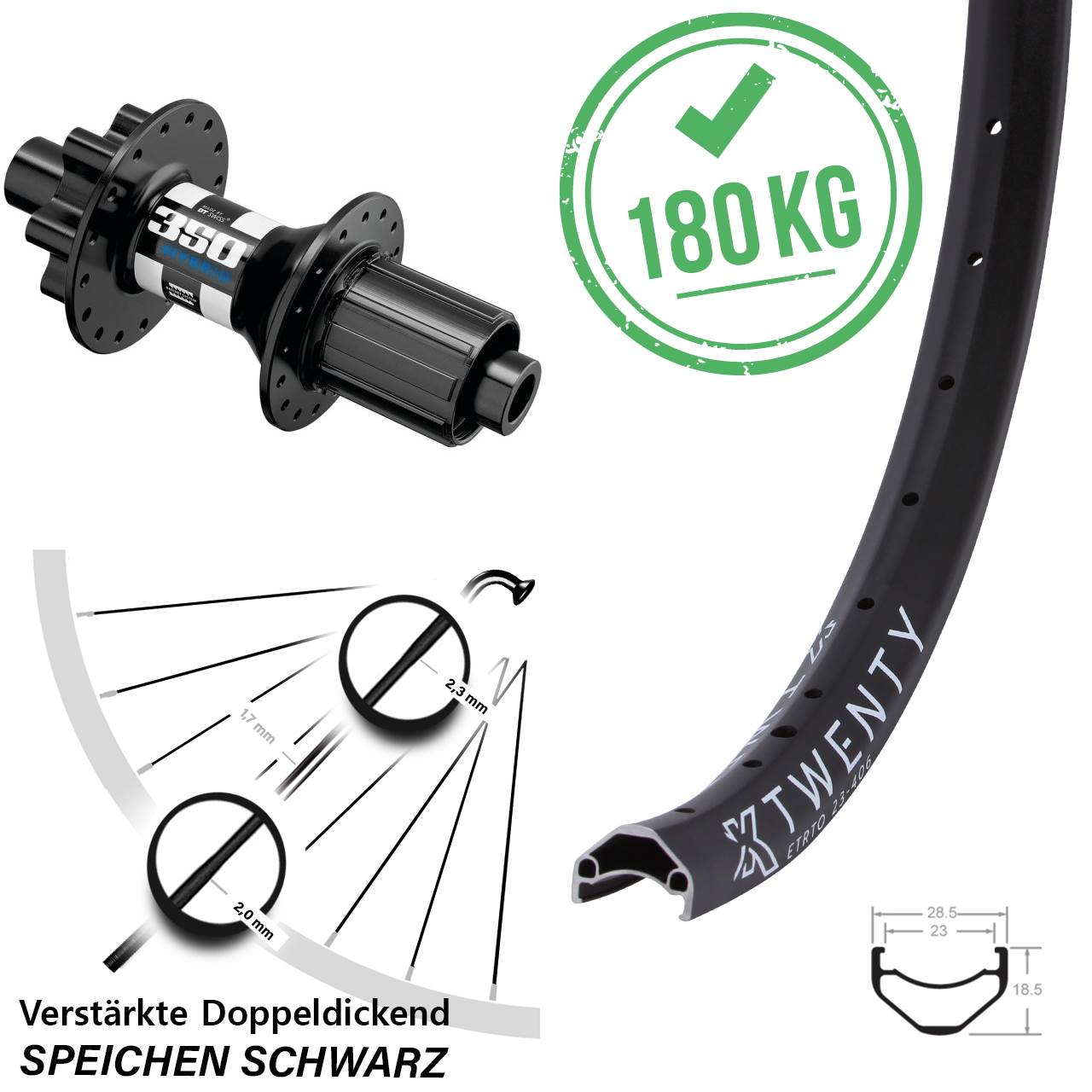 20 Zoll KX Twenty DT Swiss 350 Hybrid Hinterrad 6-Loch 12x148 8-11 fach