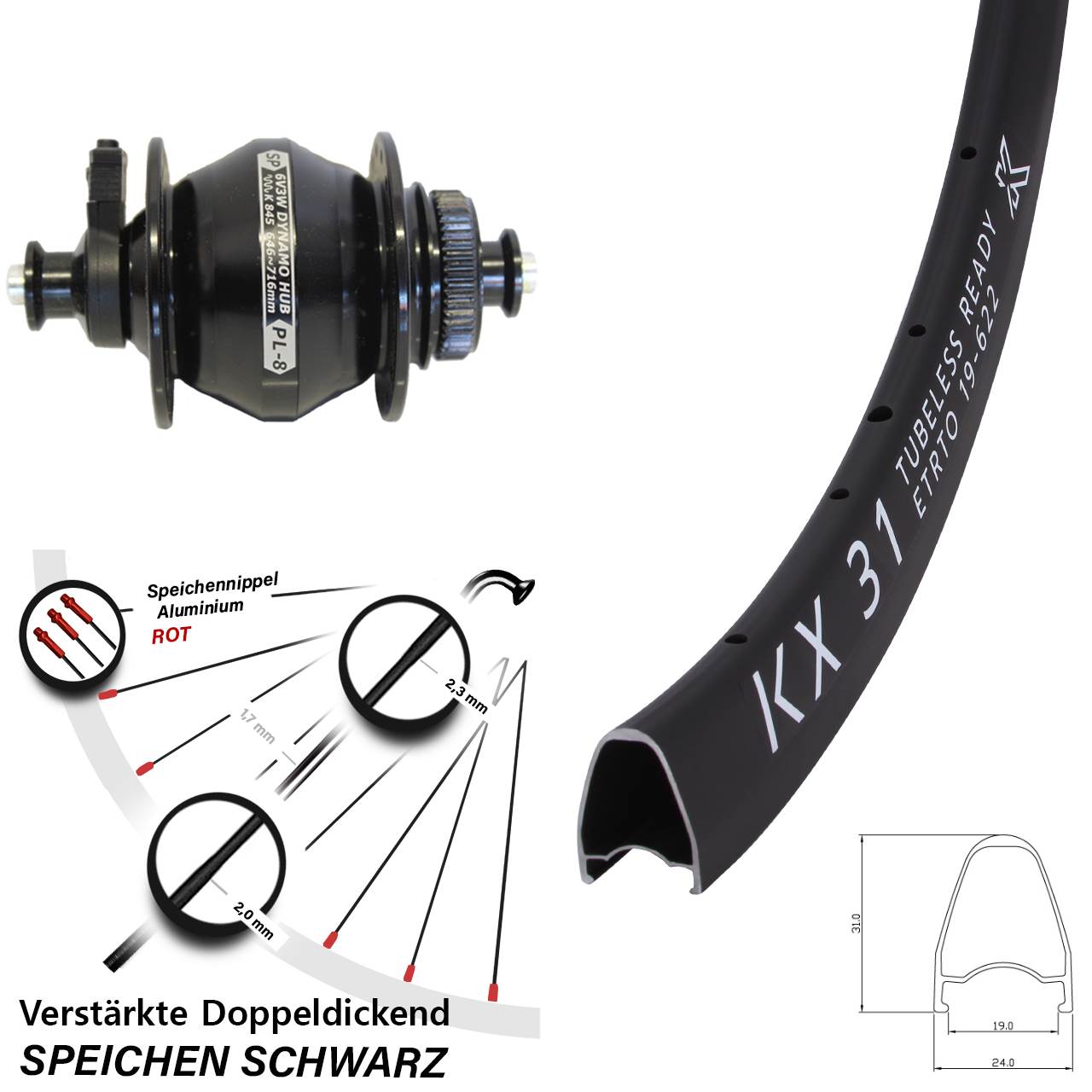 KX 31 Shutter Precision PL-8 28 Zoll Disc Laufrad mit Nabendynamo für Schnellspanner