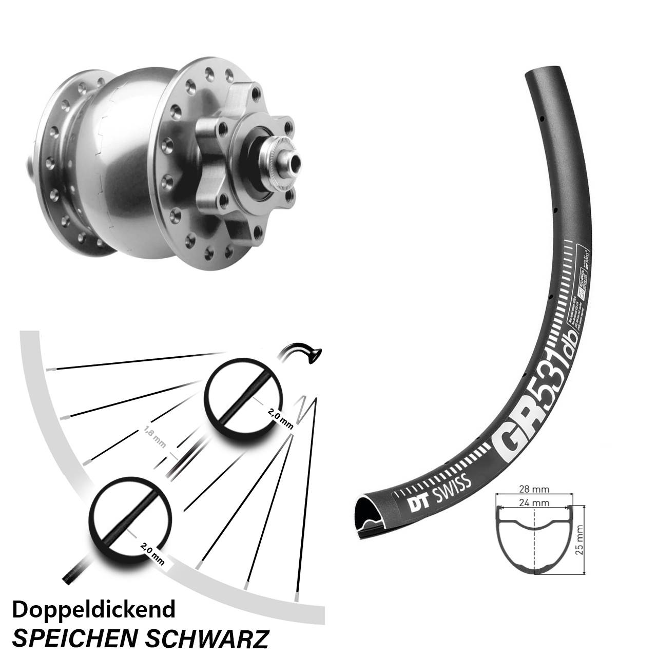 Nabendynamovorderrad 6-Loch QR 27,5 Zoll DT Swiss GR531 SON 28