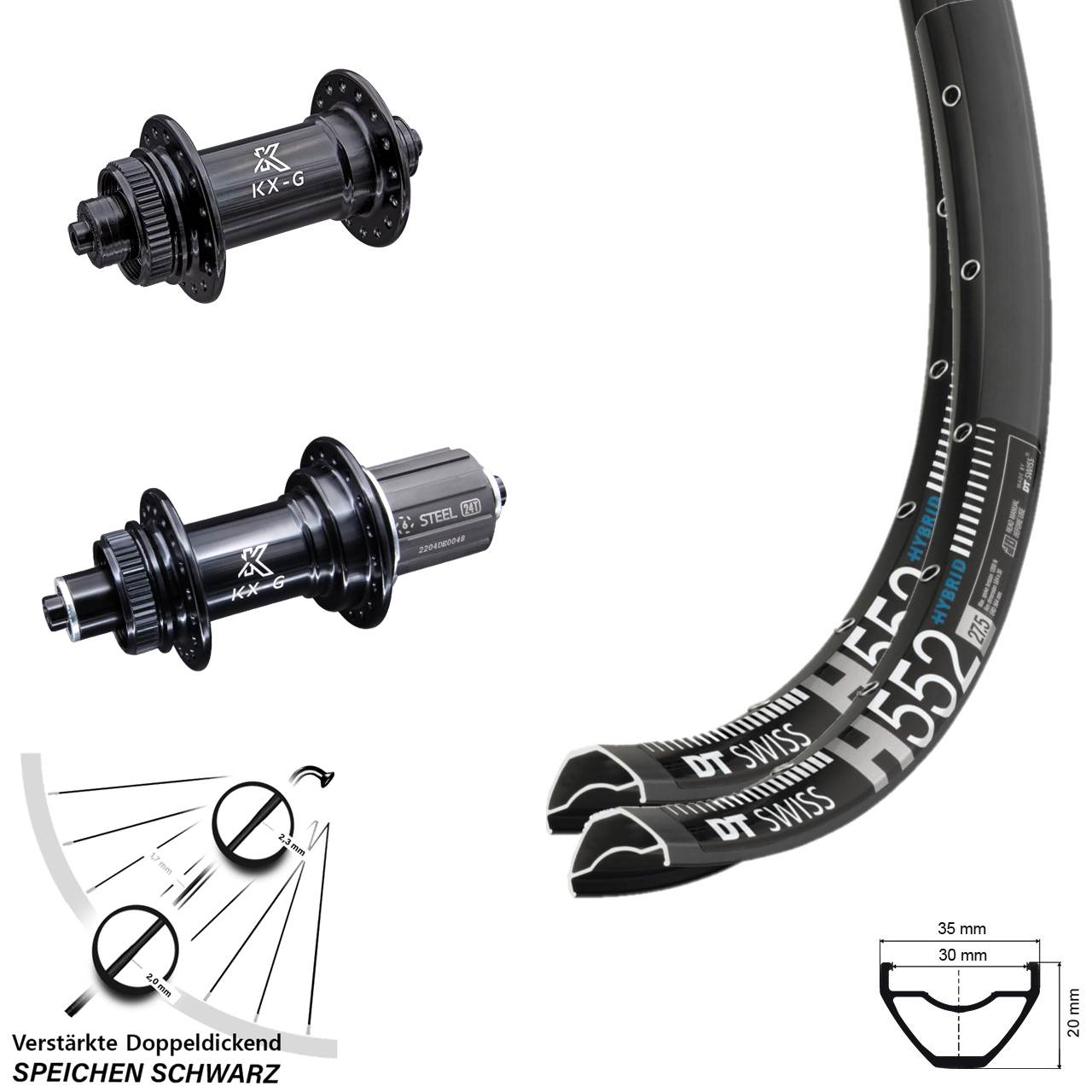 29 Zoll DT Swiss H 552 KX-GS Heavy Duty Laufradsatz Centerlock QR 8-12 fach HG