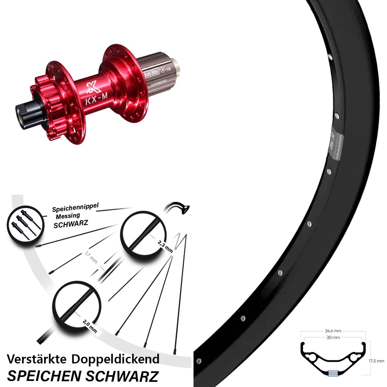 27,5 Zoll Ryde Disc 30 KX-M rot Hinterrad 6-Loch 12x142 8-12 fach