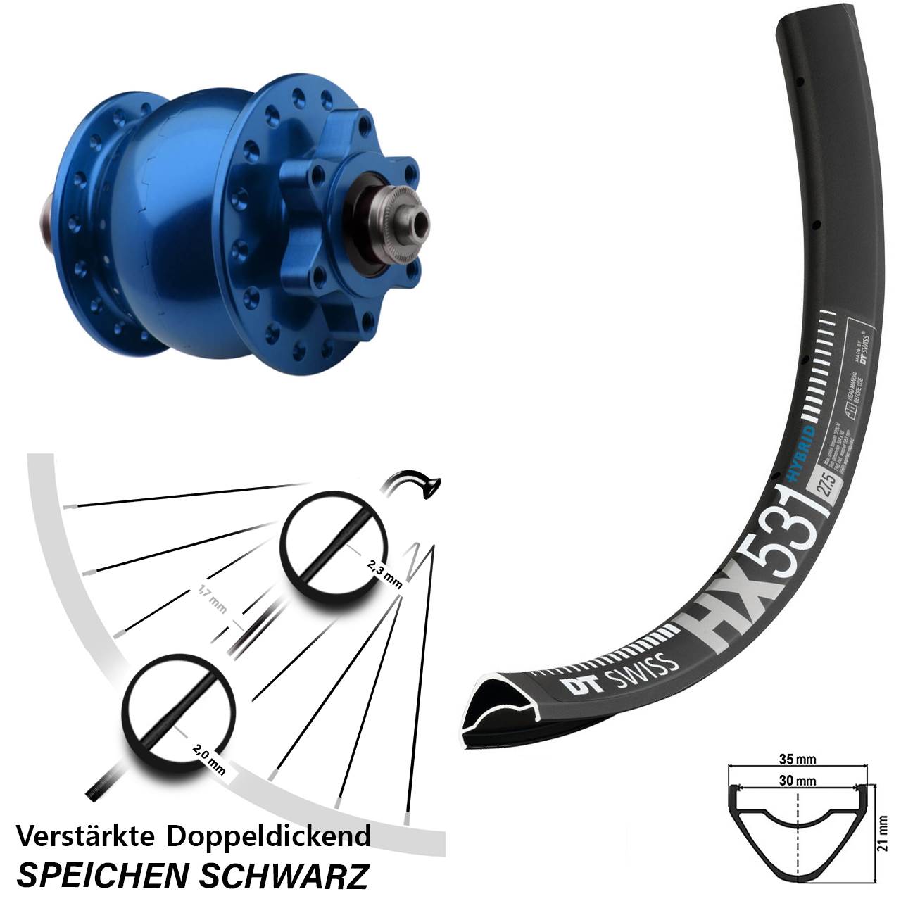 6-Loch Vorderrad mit Nabendynamo QR 29 Zoll DT Swiss HX531 SON 28 blau