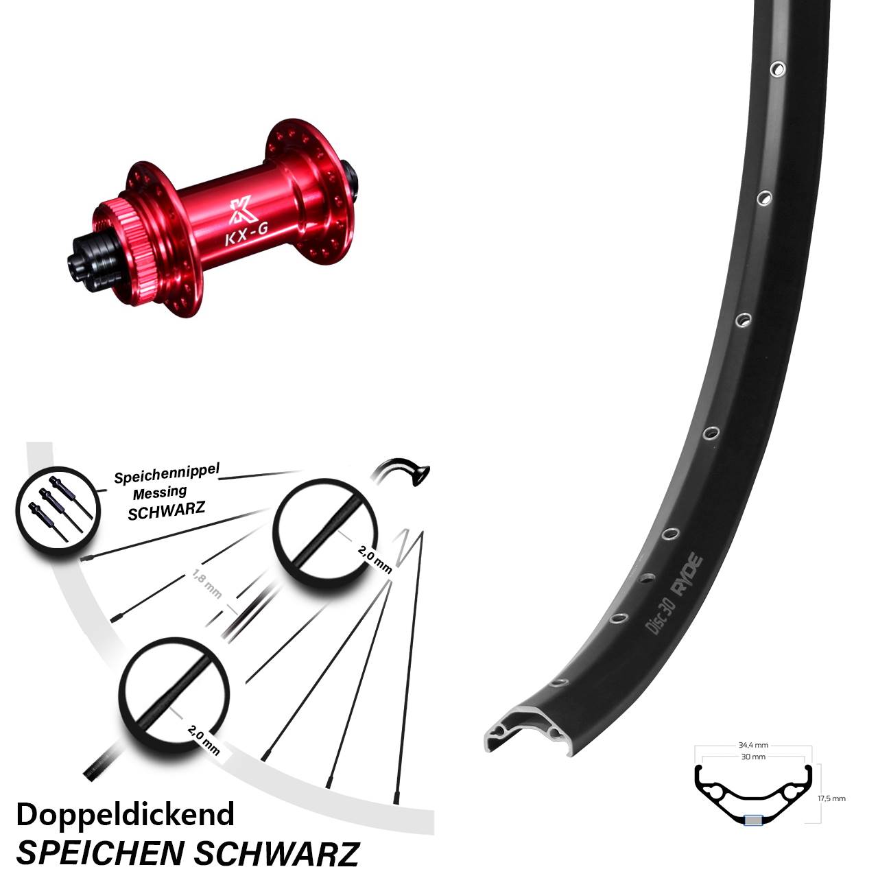 27,5 Zoll Ryde Disc 30 KX-G rot Centerlock Vorderrad QR