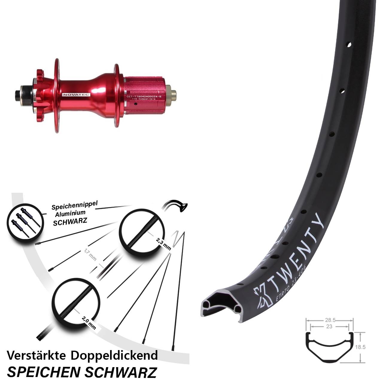 KX-M Twenty Hinterrad 20 Zoll Novatec 6-Loch rot für Schnellspanner 8-12 fach