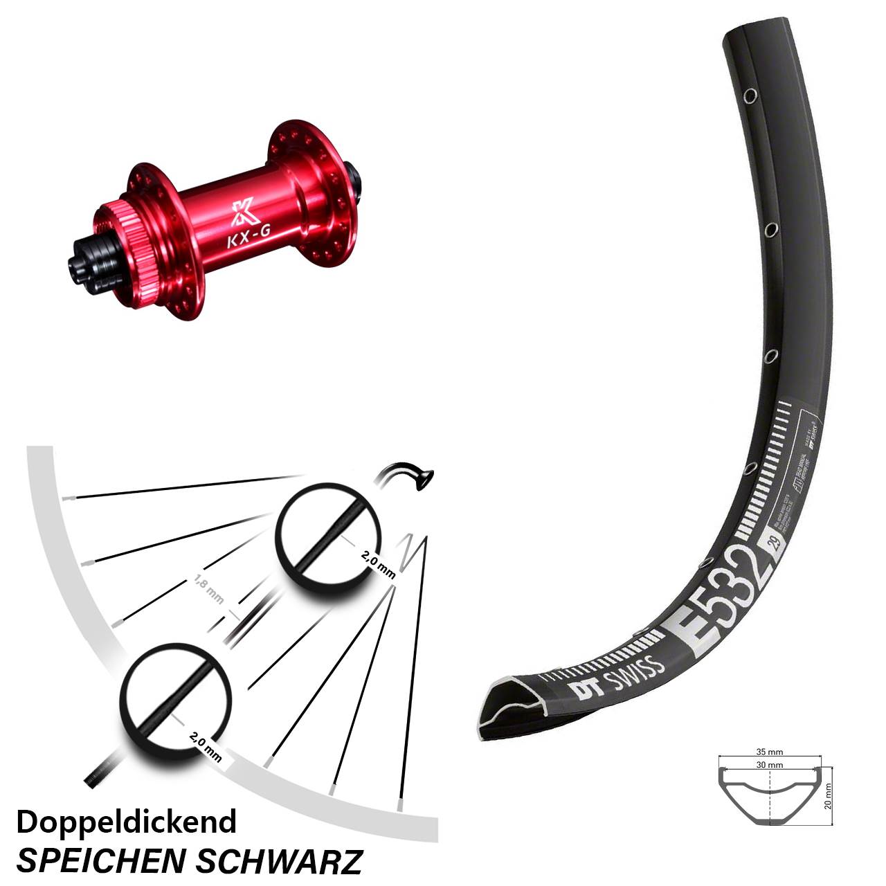 Vorderrad Centerlock 29 Zoll DT Swiss E 532 KX-G rot für Schnellspanner