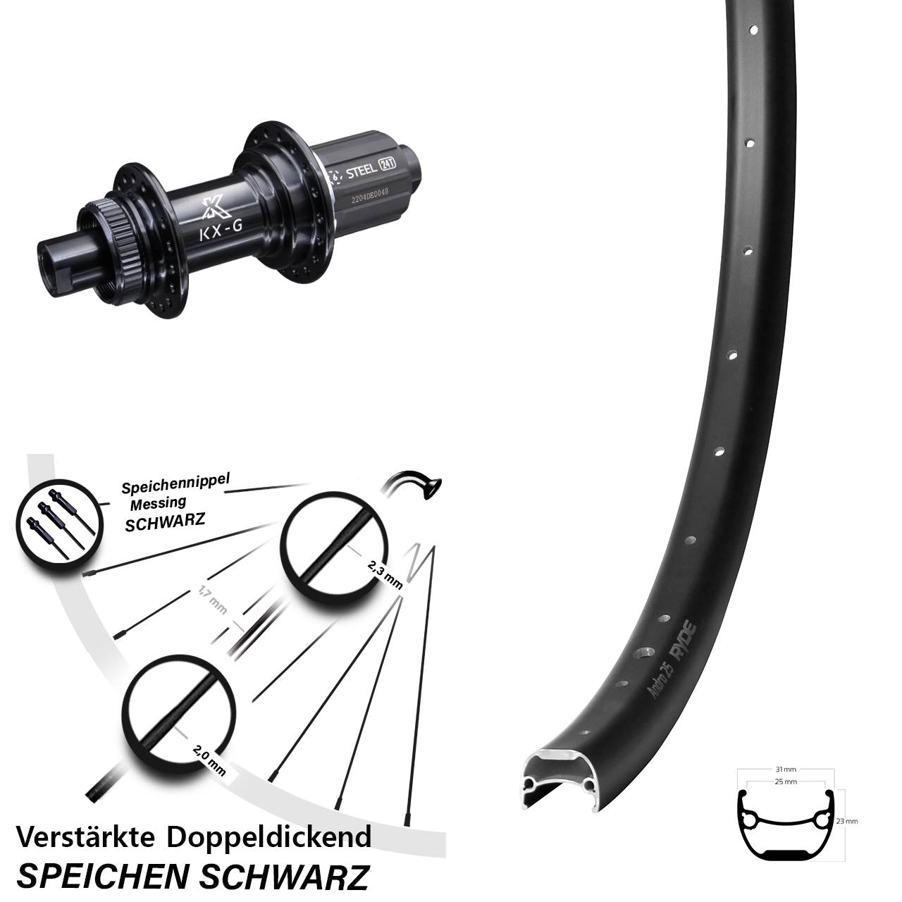 29 Zoll Ryde Andra 25 KX-GS verstärkt Hinterrad Centerlock 12x142 8-12 fach