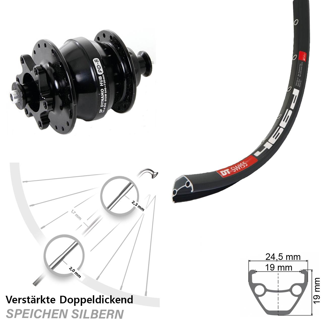 6-Loch Vorderrad mit Nabendynamo QR 28-29 Zoll DT Swiss 466d Shutter PD-8