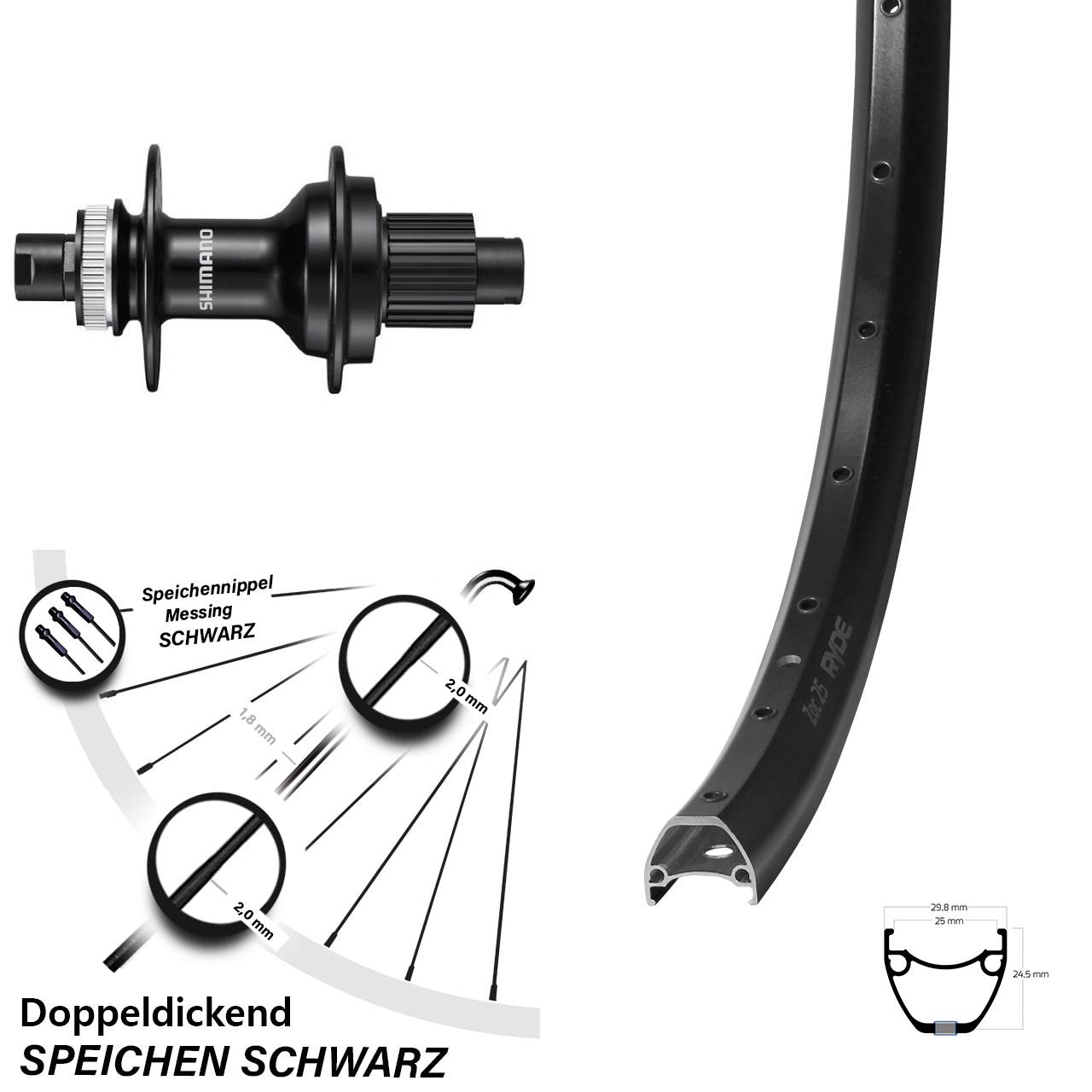 Centerlock Hinterrad 12x142 28-29 Zoll Ryde ZAC 25 Shimano FH-MT510 Micro Spline
