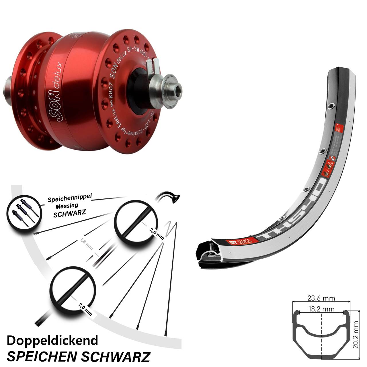 28 Zoll Nabendynamo Vorderrad DT Swiss TK 540 Son delux Felgenbremse rot