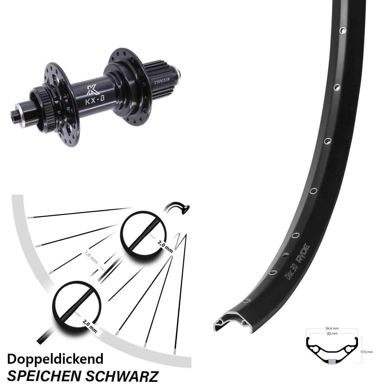Laufrad 27,5 Zoll Ryde Disc 30 KX-B Centerlock 5x141 Boost Micro Spline