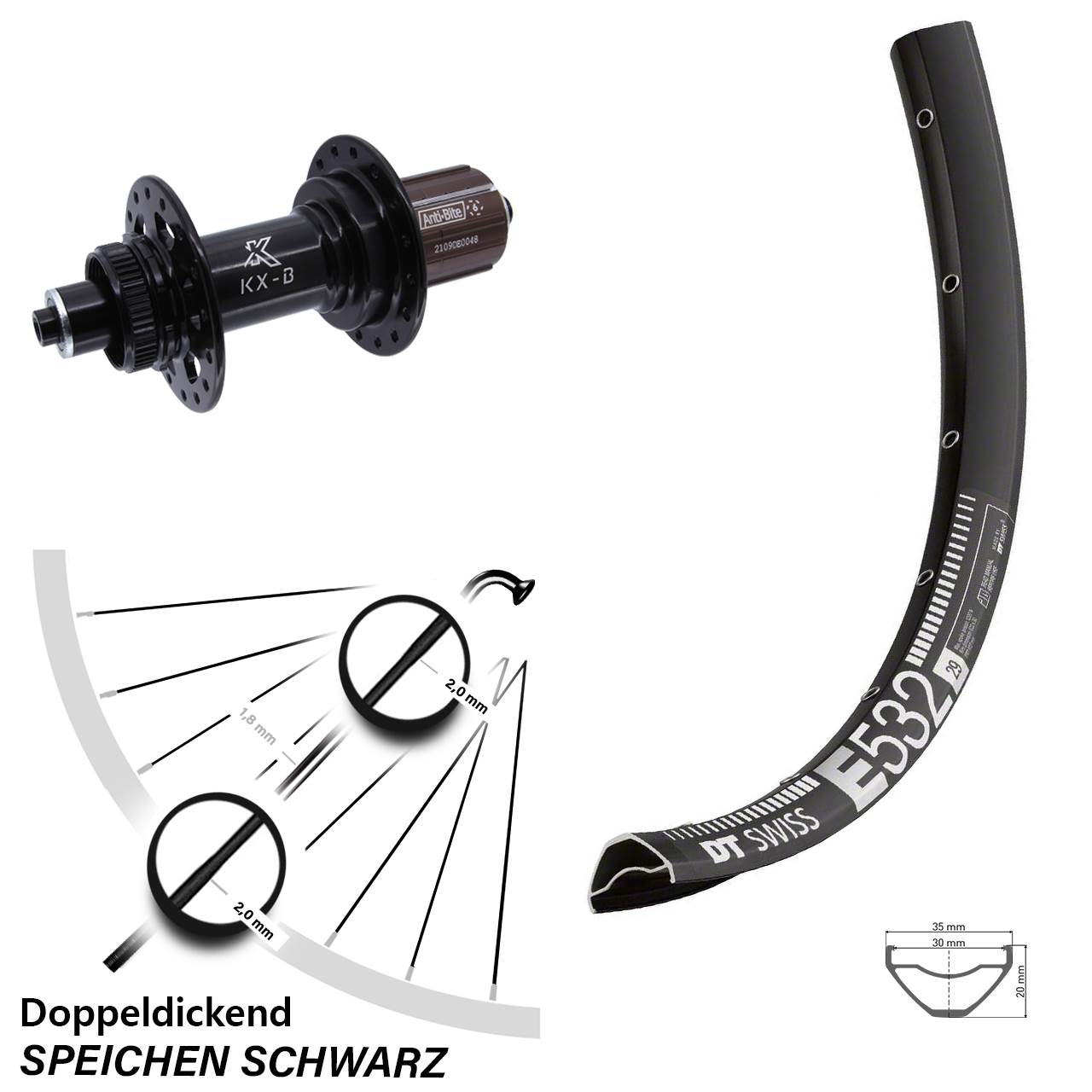 27,5 Zoll DT Swiss E532 KX-B Boost Hinterrad Centerlock QR Boost 8-12 fach