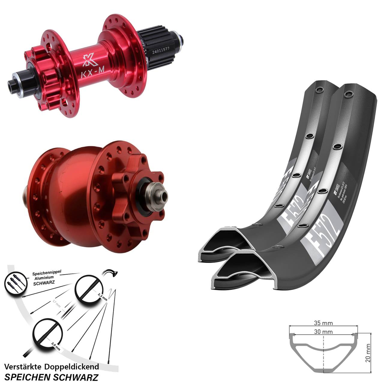 DT Swiss F572 KX-M rot SON 28 27,5 Zoll 6-Loch Laufradsatz QR Micro Spline