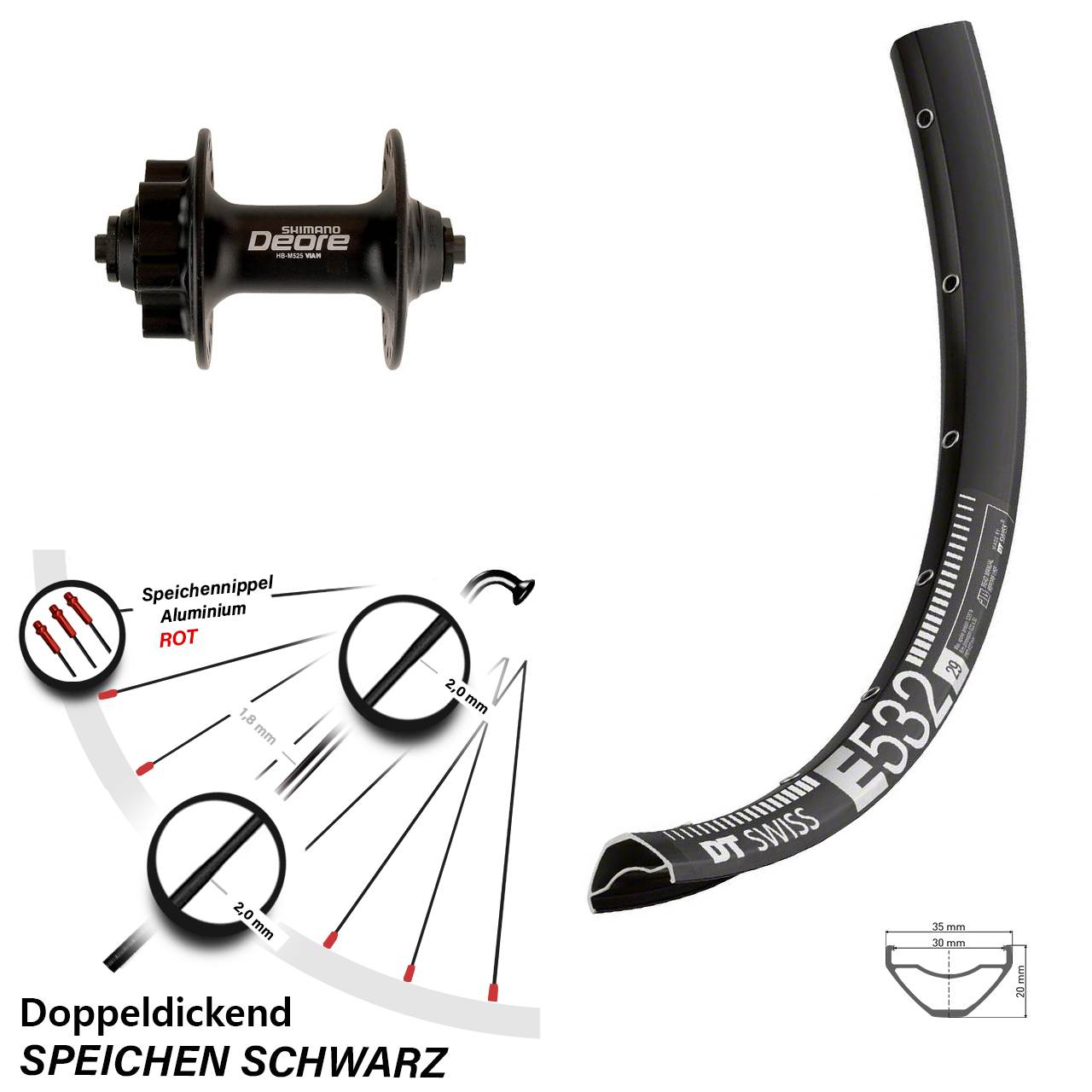 DT Swiss E532 Shimano Deore 27,5 Zoll Vorderrad 6-Loch für Schnellspanner