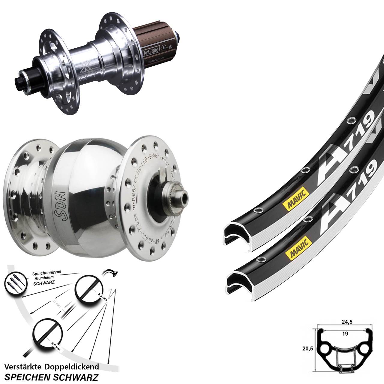 28 Zoll Mavic A719 KX-T SON delux wide body Laufradsatz für Schnellspanner 8-12 fach HG
