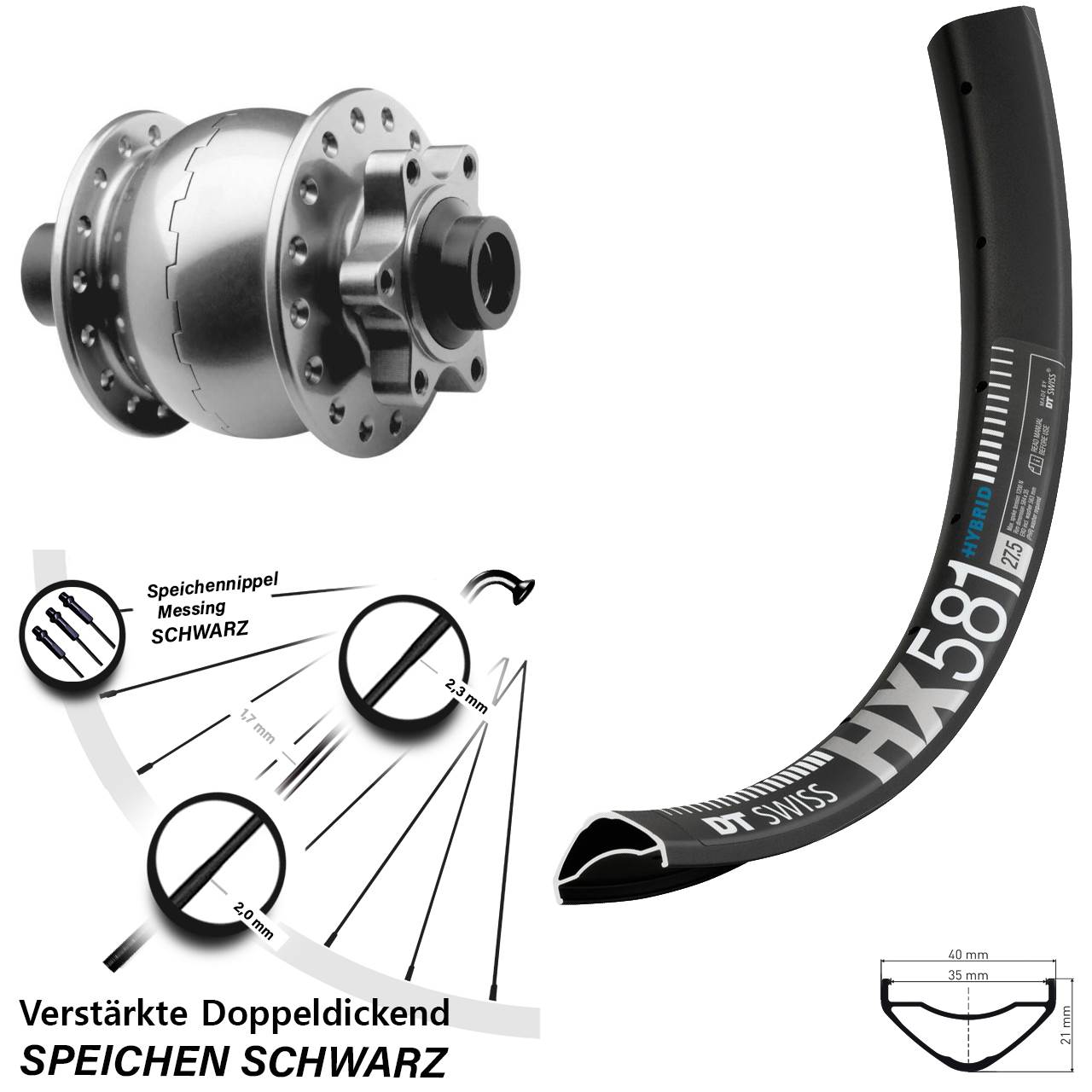 6-Loch Dynamo-Vorderrad 27,5 Zoll DT Swiss HX581 SON 28 15x100