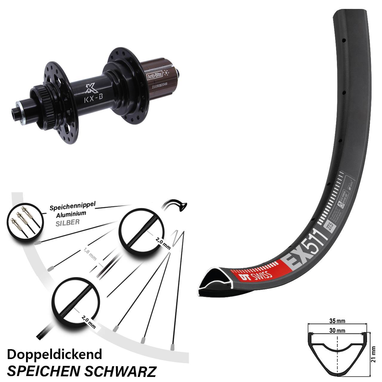Hinterrad Centerlock 27,5 Zoll DT Swiss EX 511 KX-B 8-12 fach HG für Schnellspanner Boost