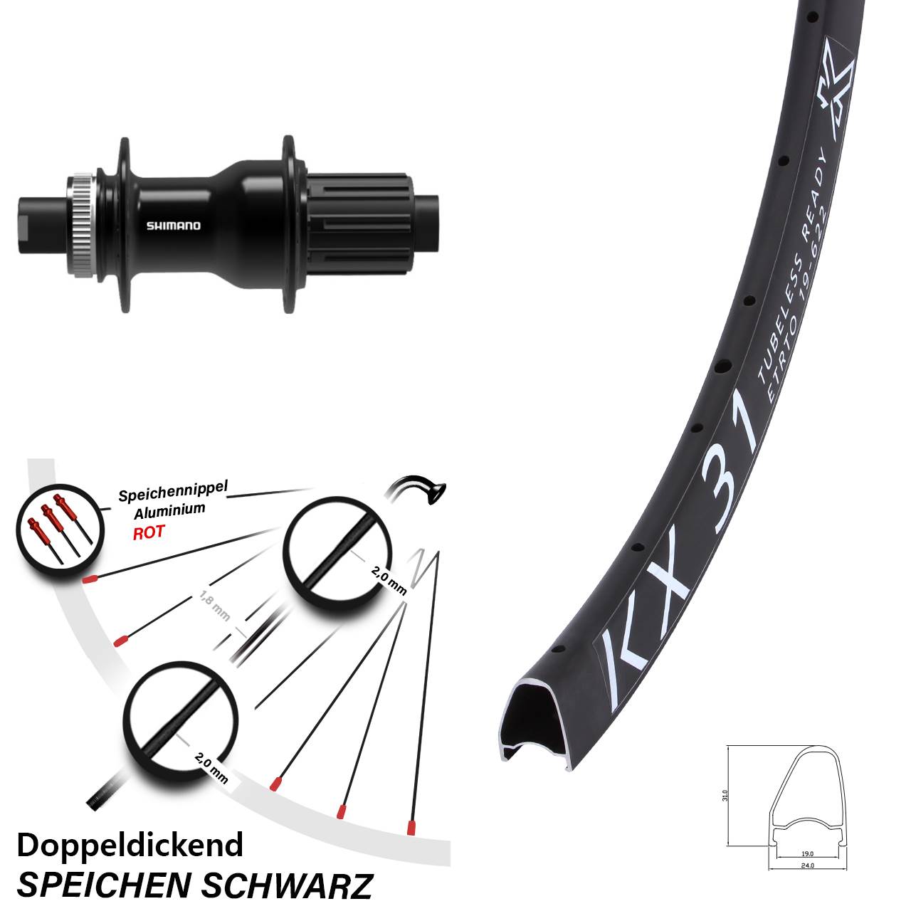 28 Zoll KX 31 Offset Shimano FH-TC500 Hinterrad Centerlock 12x142 11-12 fach