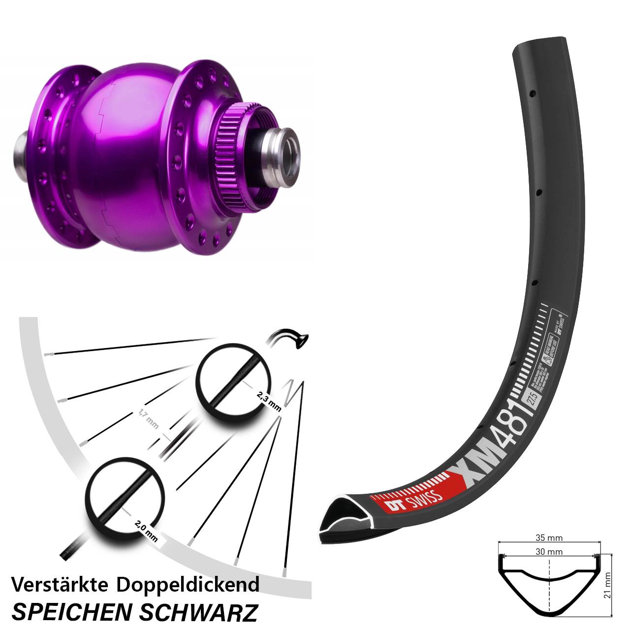 Centerlock Vorderrad mit Dynamo 29 Zoll DT Swiss XM 481 SON 28 violett 12x100