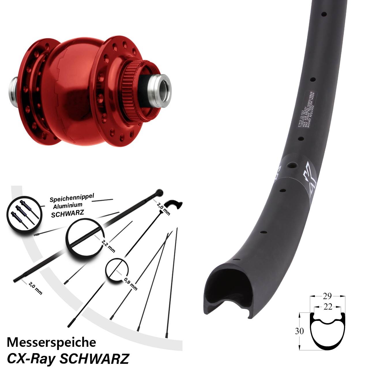 roter SON 28 Zoll KX-RC Gravel Carbon Disc Nabendynamovorderrad 12x100 CX-Ray