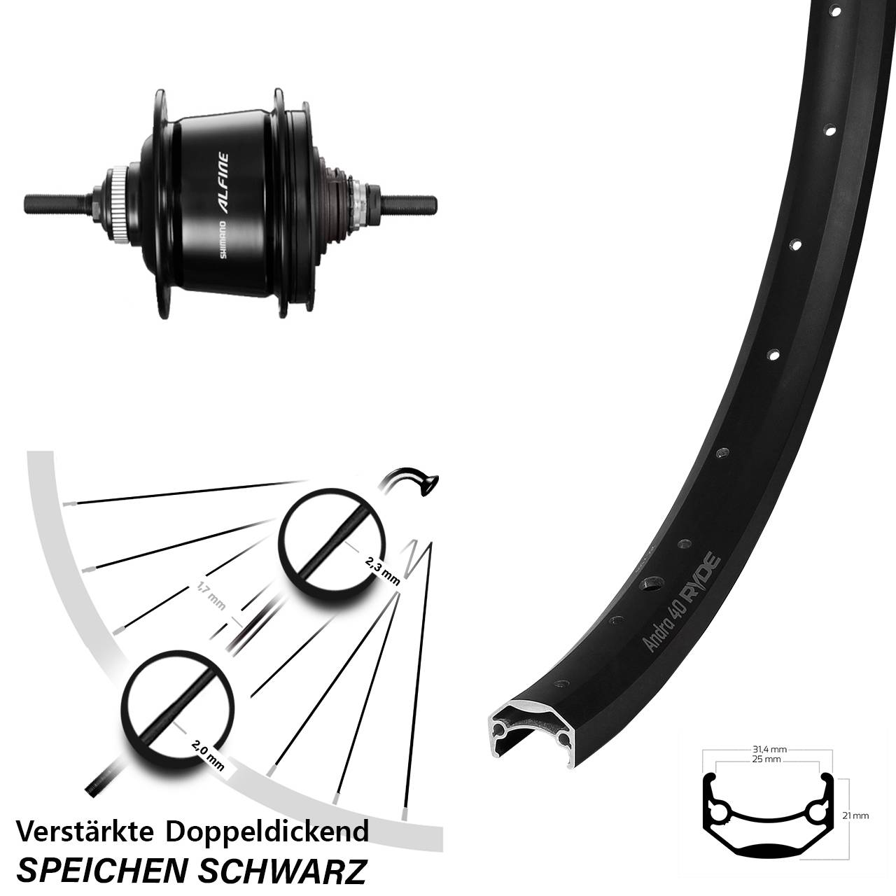 28 Zoll Andra 40 Ryde Disc Hinterrad mit 8-Gang Shimano Alfine schwarz