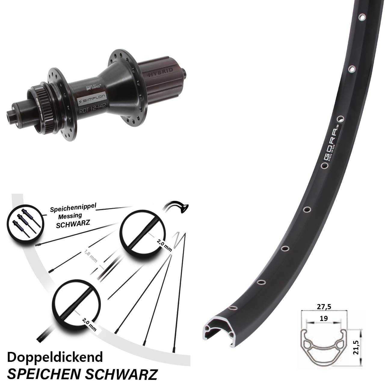 27,5 Zoll Gora 19 DT Swiss 370 Hybrid Hinterrad Centerlock 8-11 fach QR