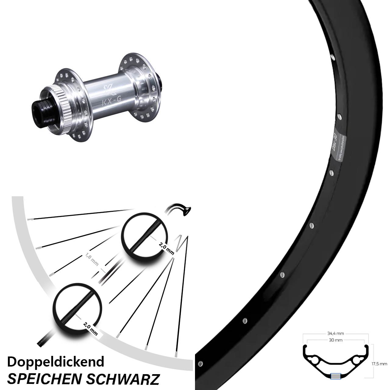 29 Zoll Vorderrad Ryde Disc 30 KX-G silbern 15x100