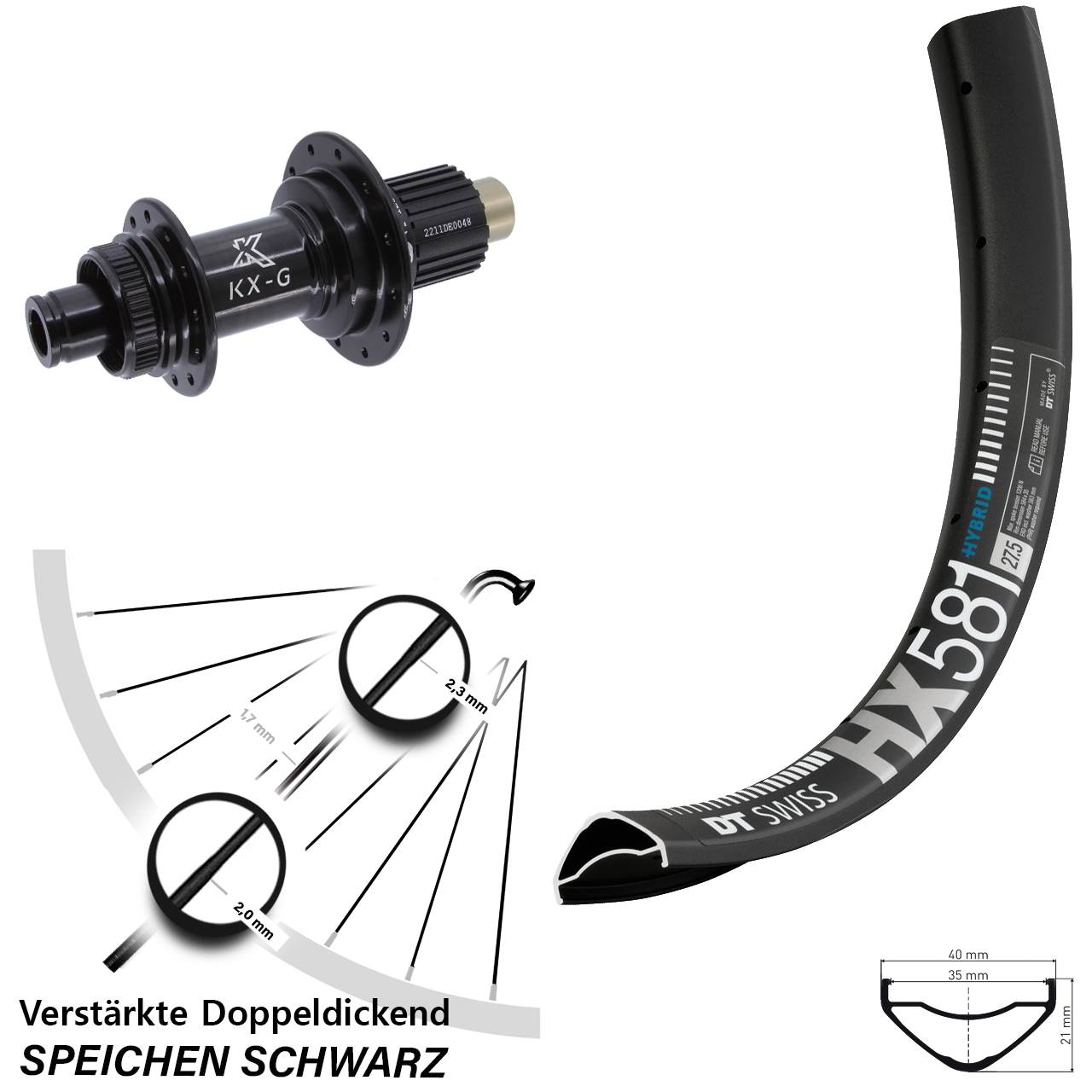 Disc Hinterrad 27,5 Zoll DT Swiss HX581 KX-G Shimano Micro Spline 12x142