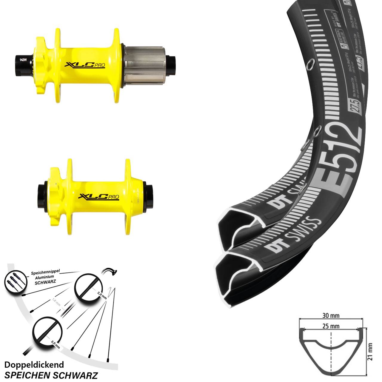 Laufradsatz 29 Zoll MTB Enduro DT Swiss E 512 Nabe XLC Pro gelb Steckachse 100/142 mm