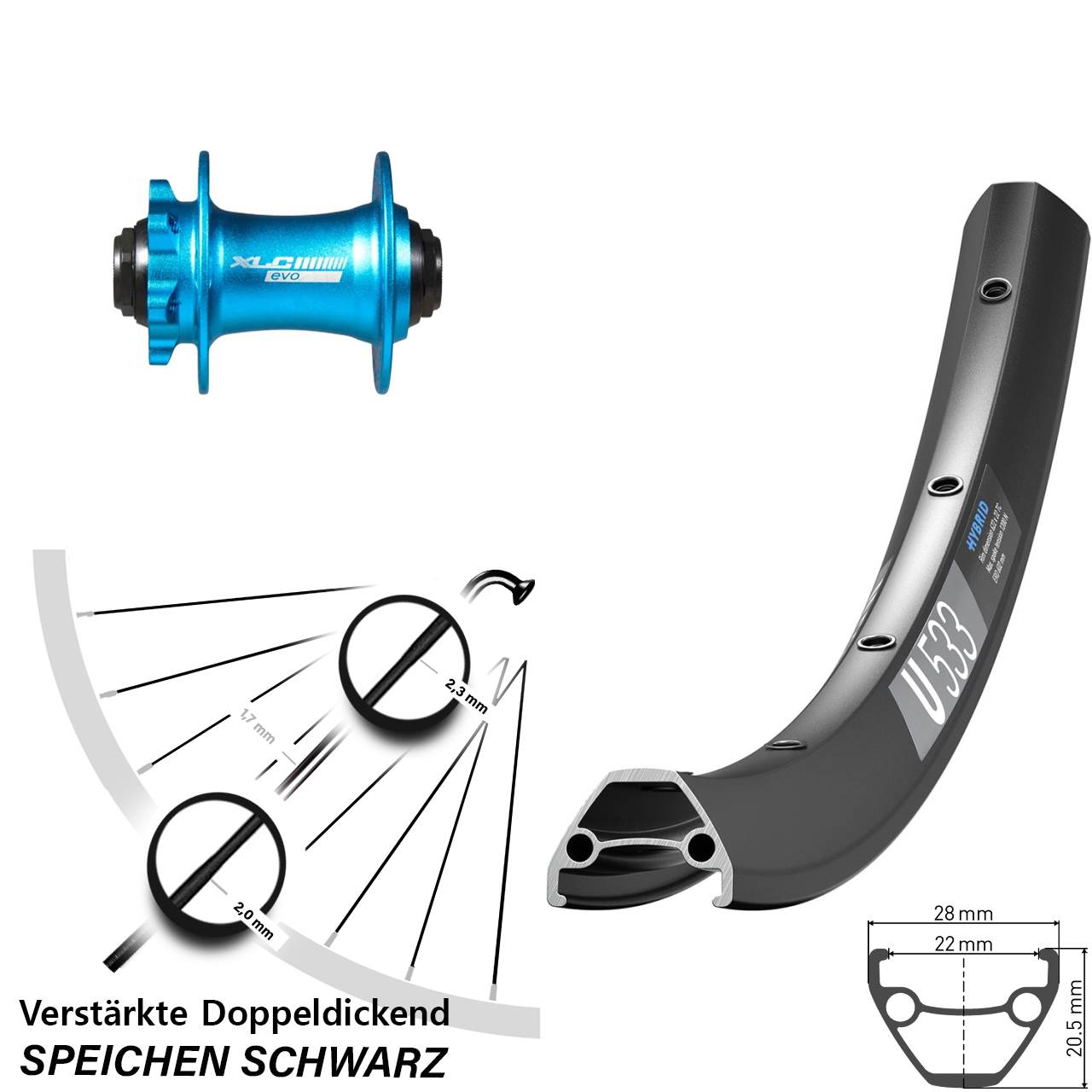 Disc Vorderrad 26 Zoll DT Swiss U533 XLC blau 15x100