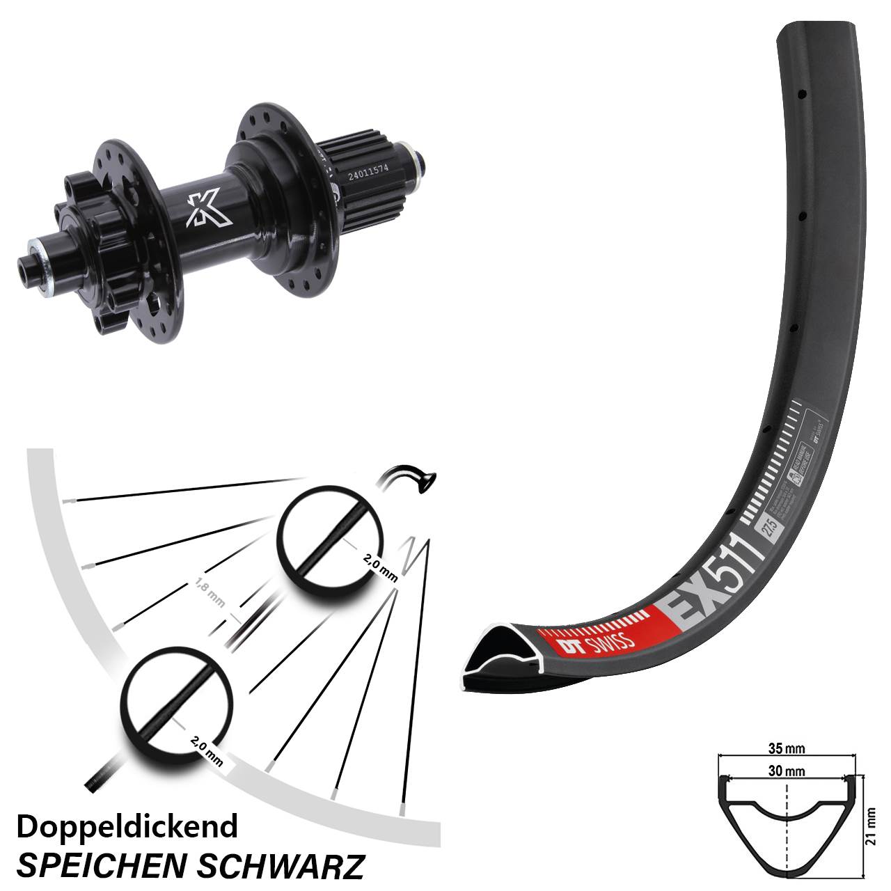 6-Loch Hinterrad 27,5 Zoll DT Swiss EX 511 KX-M Shimano Micro Spline für Schnellspanner