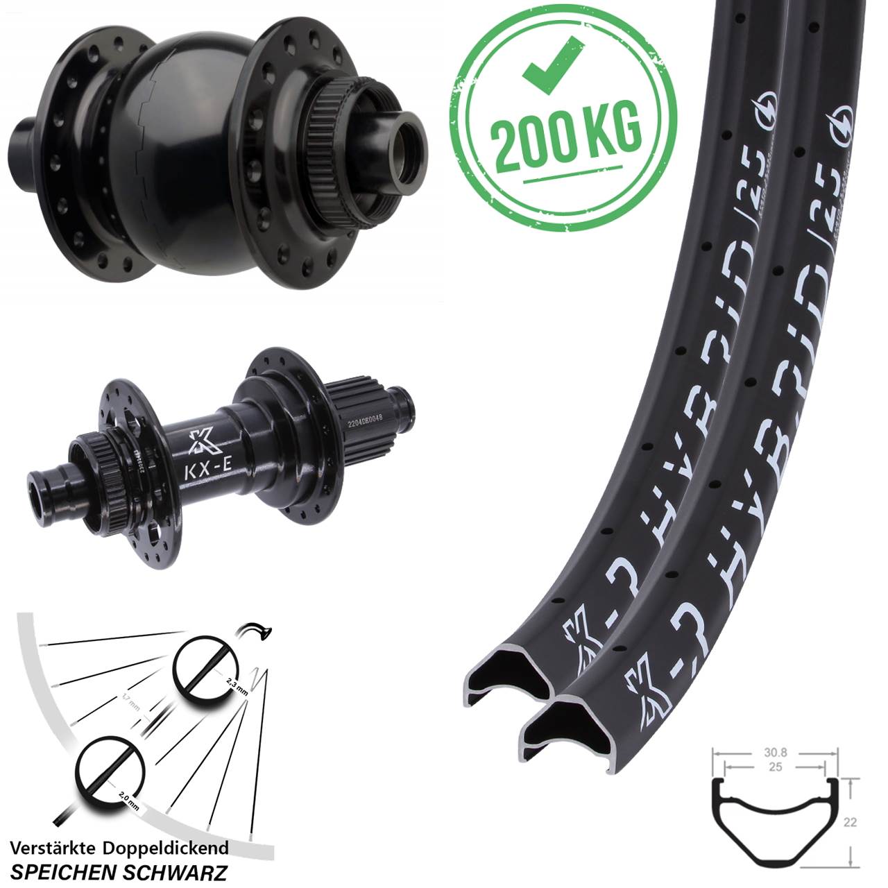 KXR-E Hybrid 25 Heavy Duty SON 28 26 Zoll Laufradsatz 15x110 12x148 Micro Spline