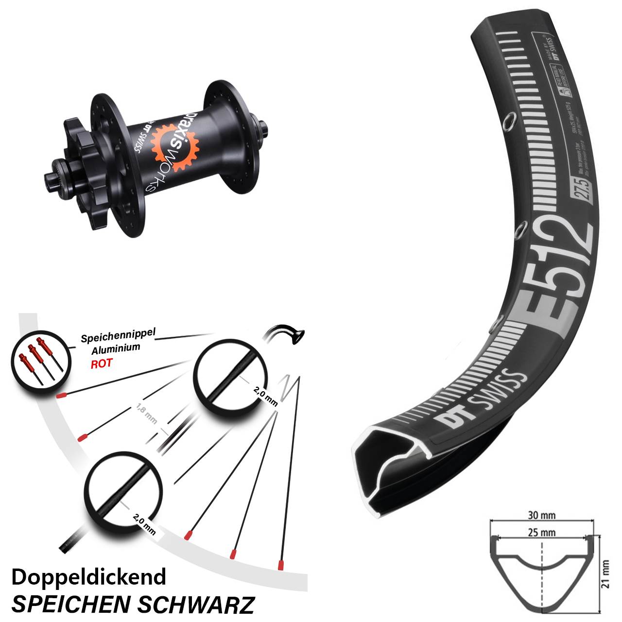 27,5 Zoll DT Swiss E 512-350 Vorderrad 6-Loch QR