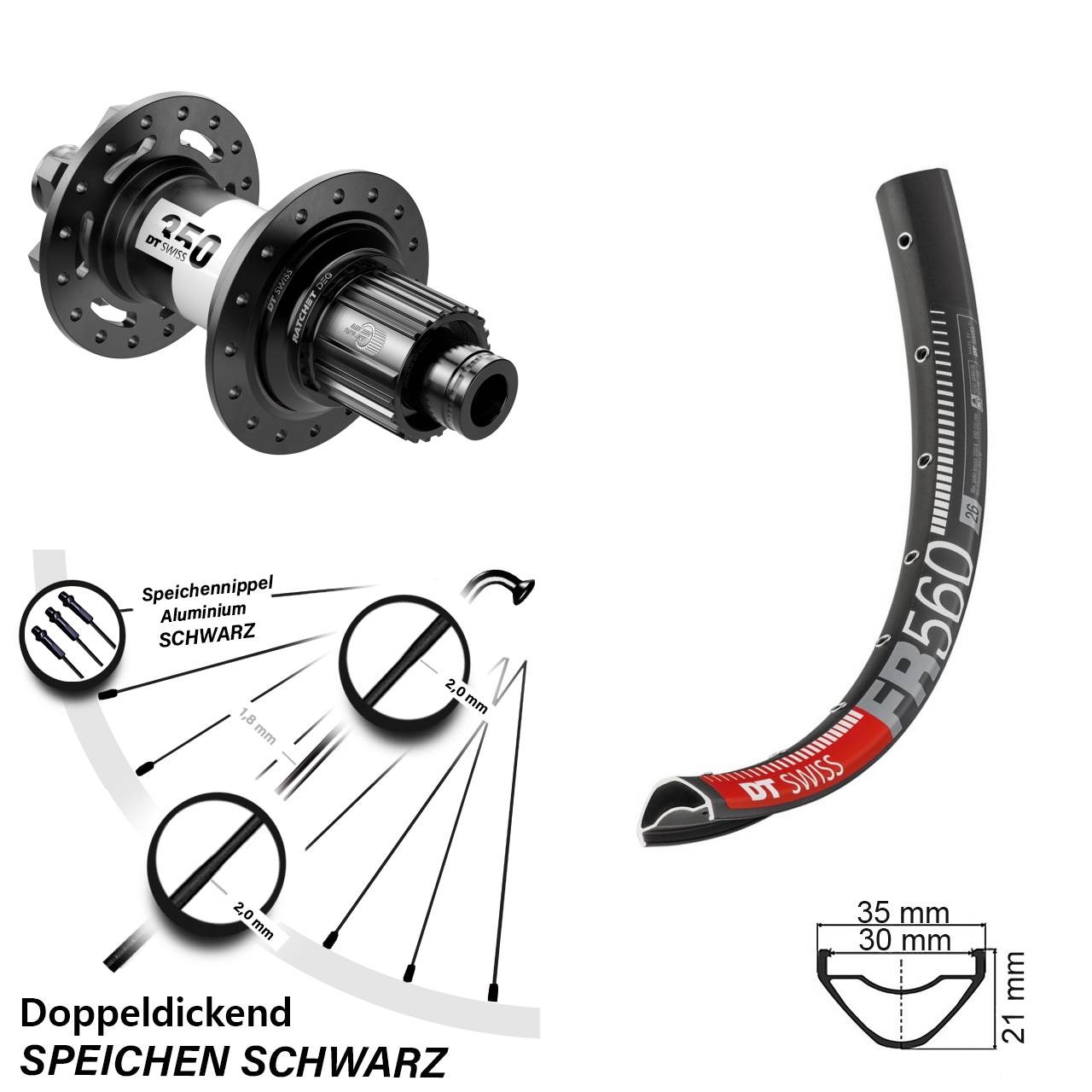 26 Zoll DT Swiss FR560-350 DEG 72 6-Loch Hinterrad 12x148 Micro Spline