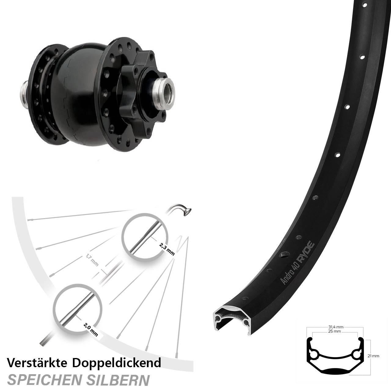 Nabendynamovorderrad 6-Loch 12x100 28-29 Zoll Ryde Andra 40 SON 28
