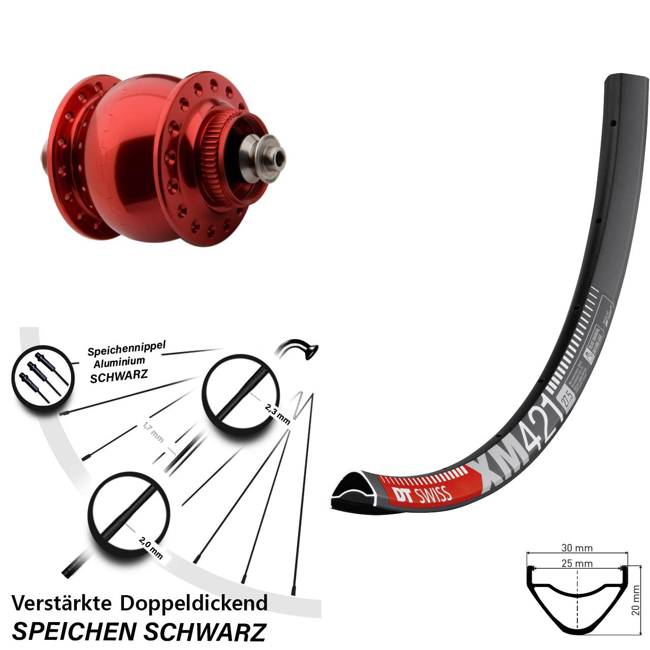 SON 28 rot DT Swiss XM 421 29 Zoll Disc Vorderrad mit Nabendynamo QR