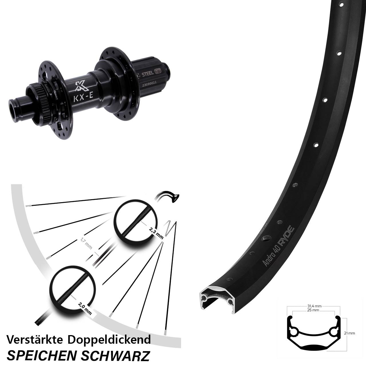 650B Ryde Andra 40 KX-E Disc Hinterrad 12x148 8-12 fach HG