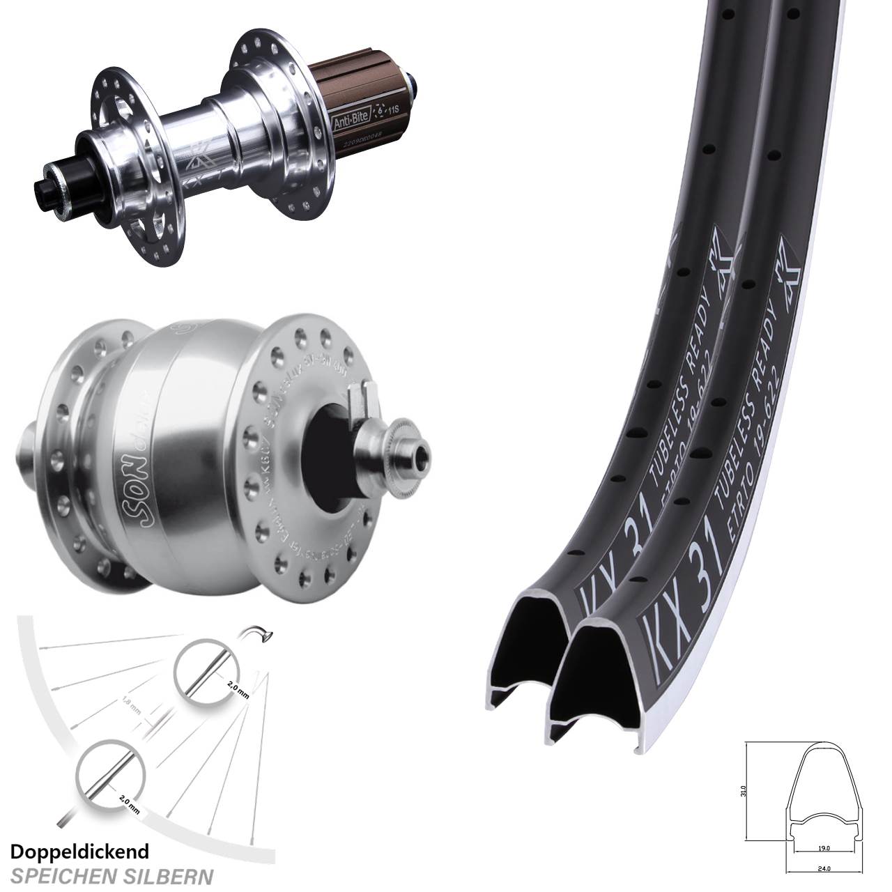 KX-T 31 SON delux 28 Zoll Laufradsatz für Schnellspanner 8-12 fach