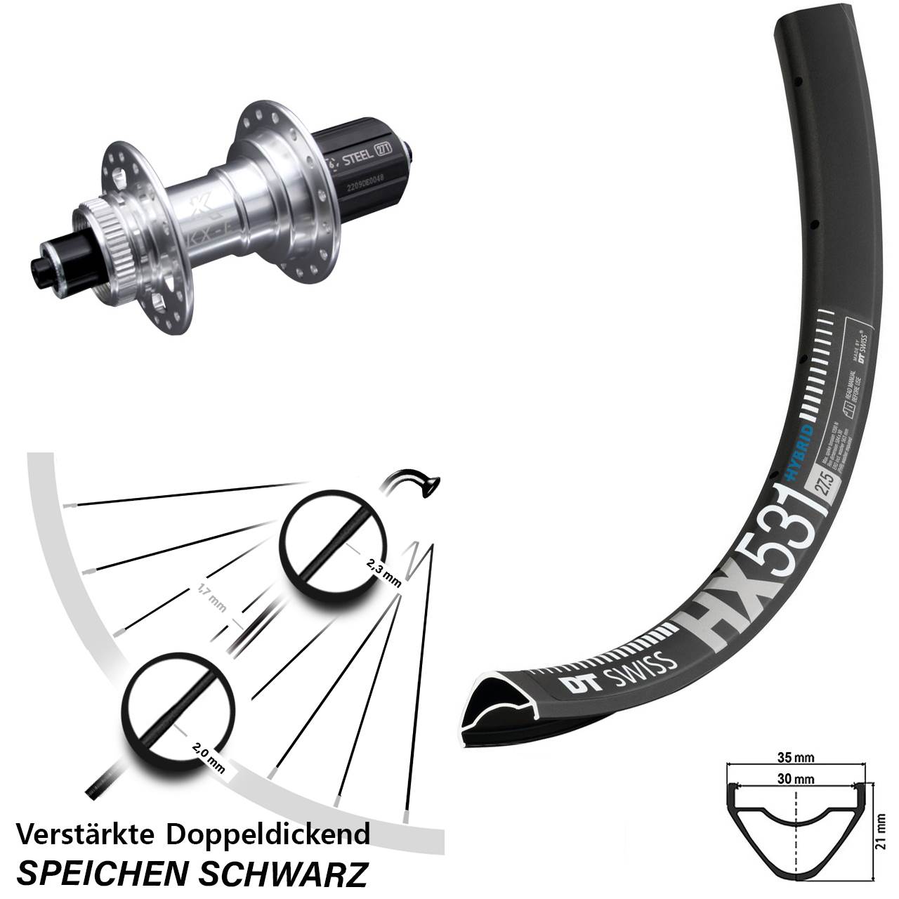29 Zoll DT Swiss HX531 KX-E Centerlock Hinterrad QR 8-12 fach HG