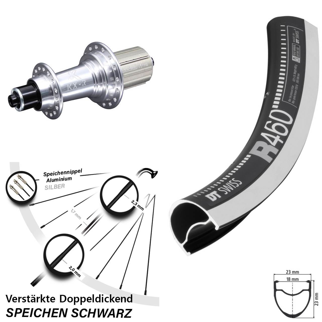 DT Swiss R 460 KX-R 28 Zoll Laufrad hinten für Schnellspanner 8-12 fach HG