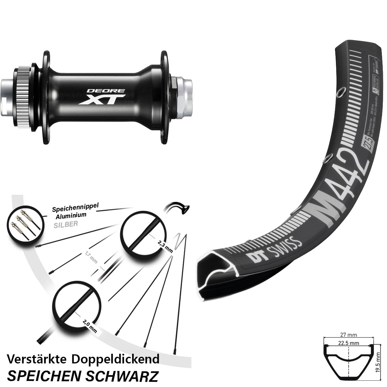 28 Zoll DT Swiss M 442 Shimano Deore XT Boost Vorderrad Centerlock 15x110