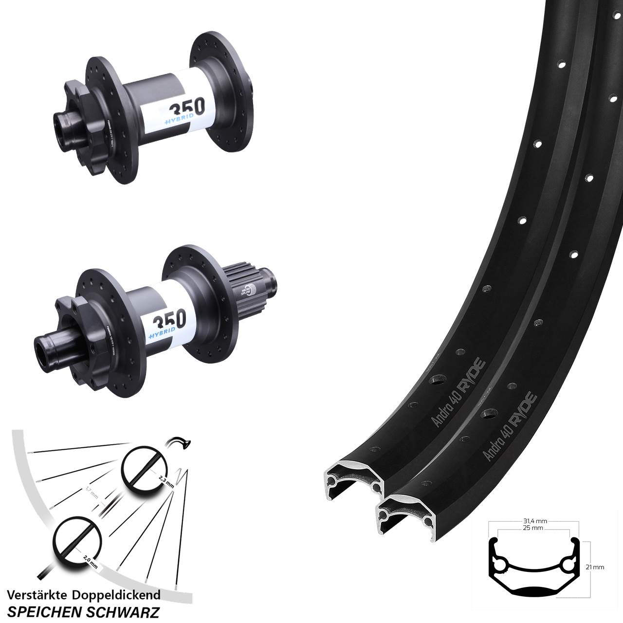 27,5 Zoll Ryde Andra 40 Disc DT Swiss 350 Hybrid Laufrad-Satz 15x110 12x148 Micro Spline