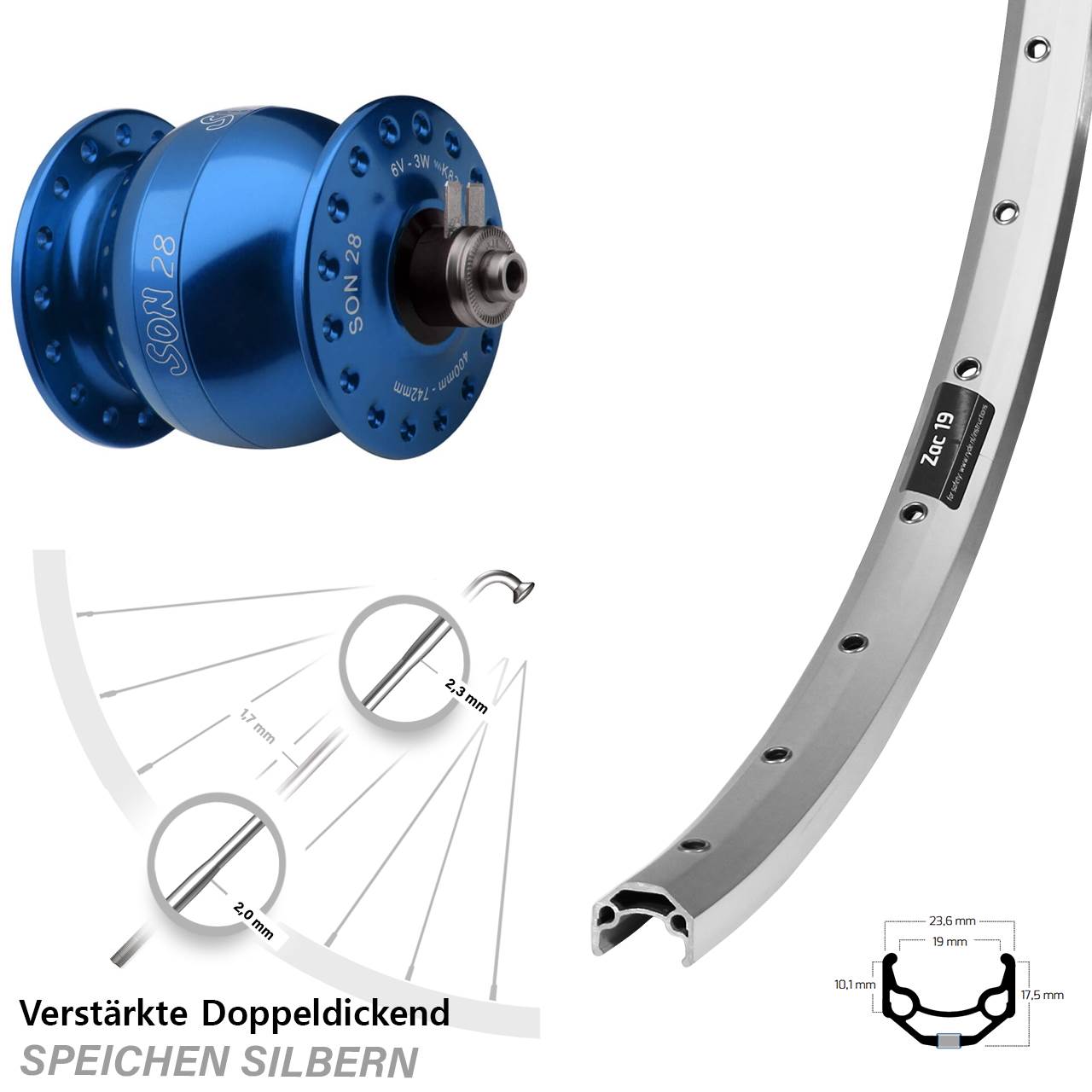SON 28 blau Ryde Zac 19 26 Zoll Nabendynamovorderrad QR